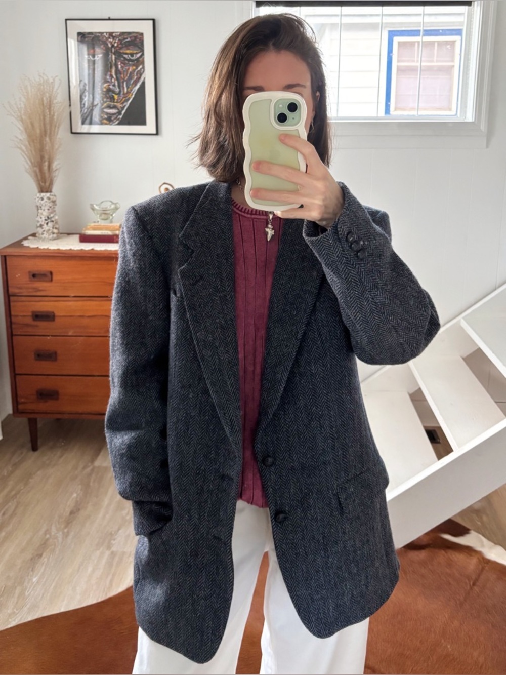 Vintage Harris Tweed 100% wool herringbone blue / gray men’s blazer tall long